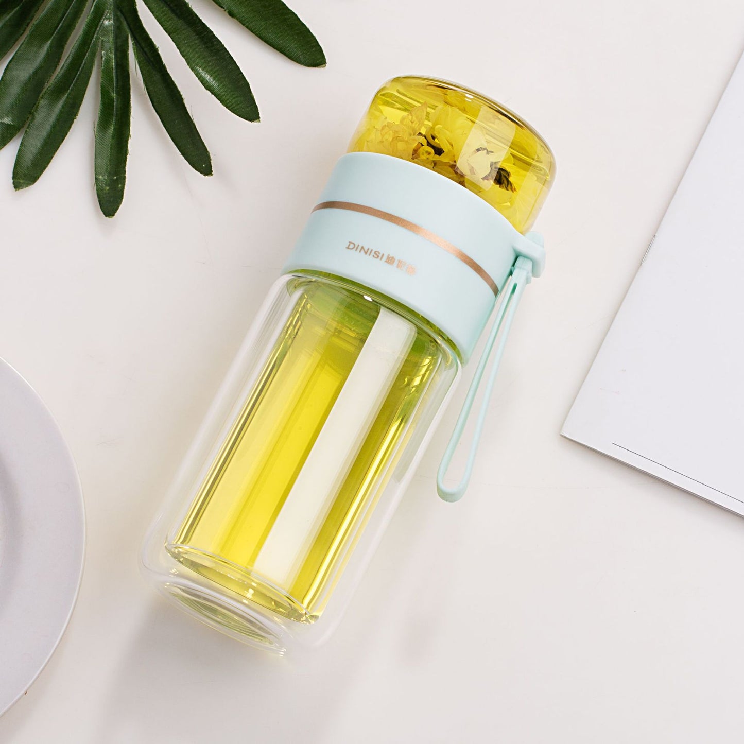 Glass Water Bottle With Tea Infuser Filter Tea Separation Double Wall Glass Bottle Leakproof Water Bottle