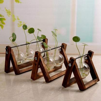 Swing Wooden Stand Hydroponic Plant Container Glass Vase